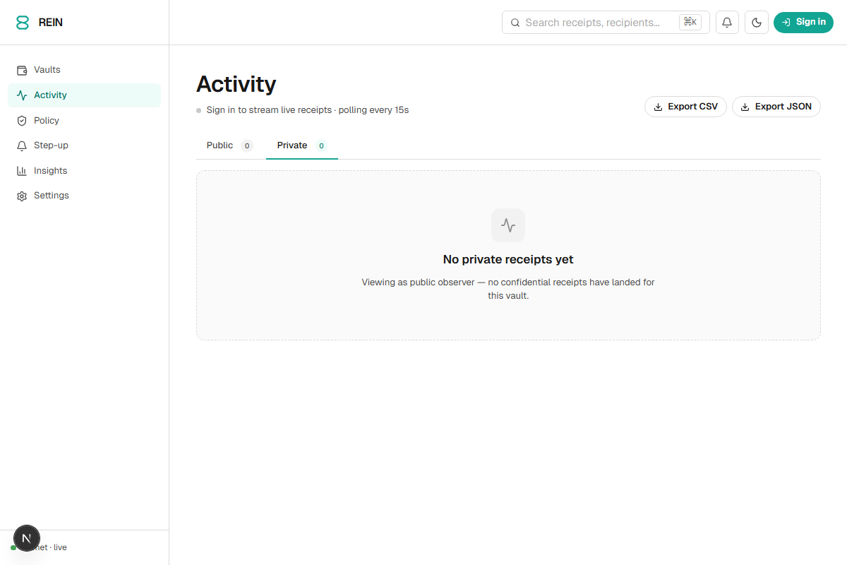 REIN private receipts tab in observer mode — commitments visible, amounts and recipients hidden